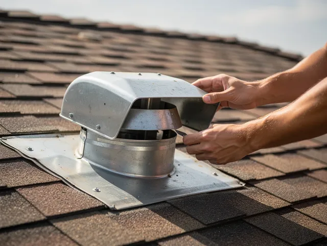 Calimesa Dryer Vent Cleaning certified technician safely cleaning a roof-mounted dryer vent in Calimesa