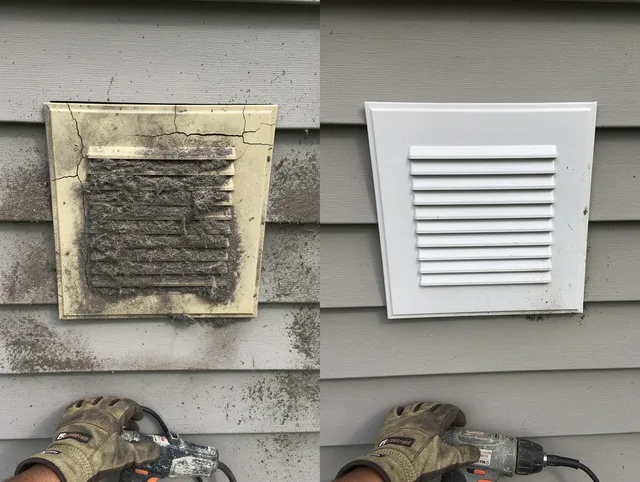Calimesa Dryer Vent Cleaning technician installing high-quality dryer vent cover at a residential property in Calimesa