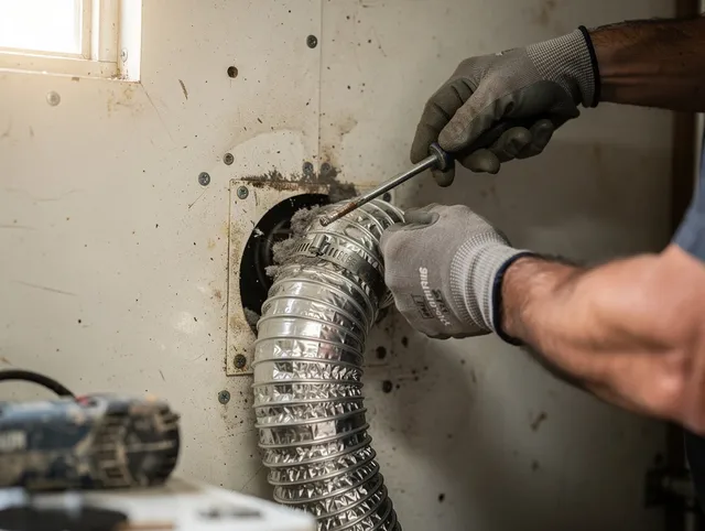 Calimesa Dryer Vent Cleaning technician performing precise dryer vent hose installation in Calimesa